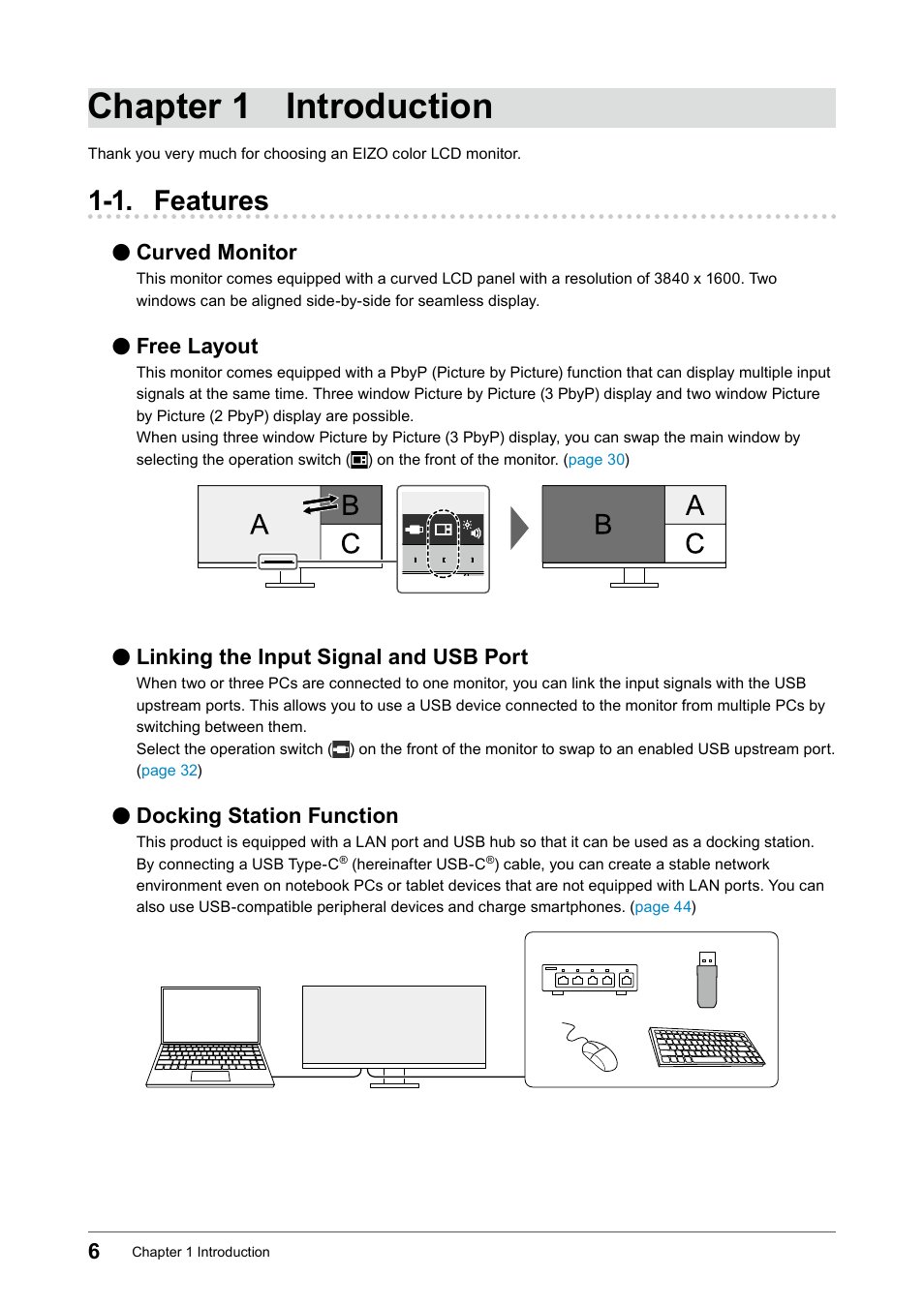 Chapter 1 introduction, 1. features, Curved monitor | Free layout, Linking the input signal and usb port, Docking station function | Eizo FlexScan EV3895FX-BK 37.5" 24:10 Ultrawide Curved IPS Monitor (Black) User Manual | Page 6 / 49