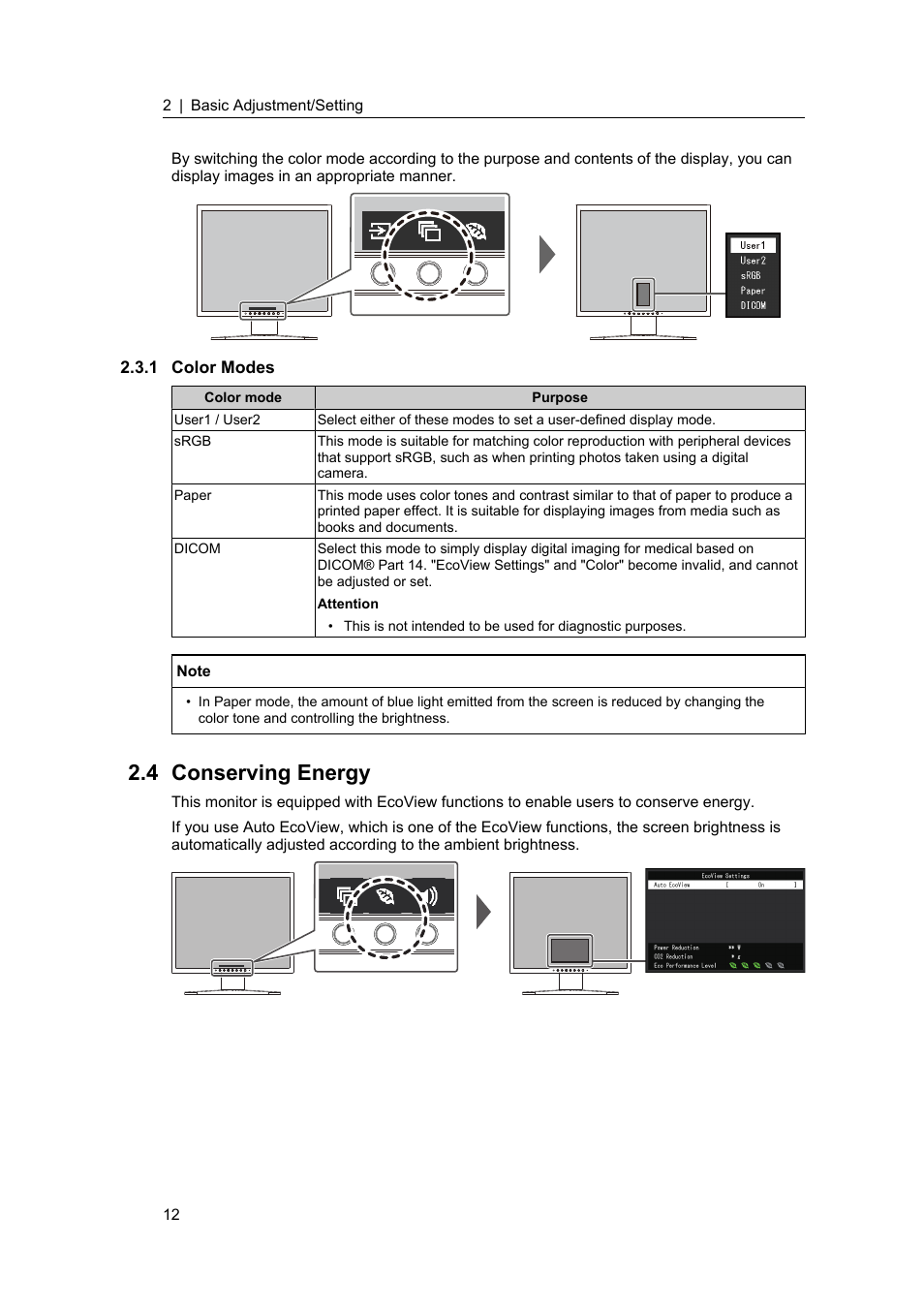 1 color modes, 4 conserving energy, Color modes | Conserving energy, Checked on the "ecoview settings" menu (see | Eizo FlexScan S1934 19" 5:4 Square IPS Monitor User Manual | Page 12 / 36