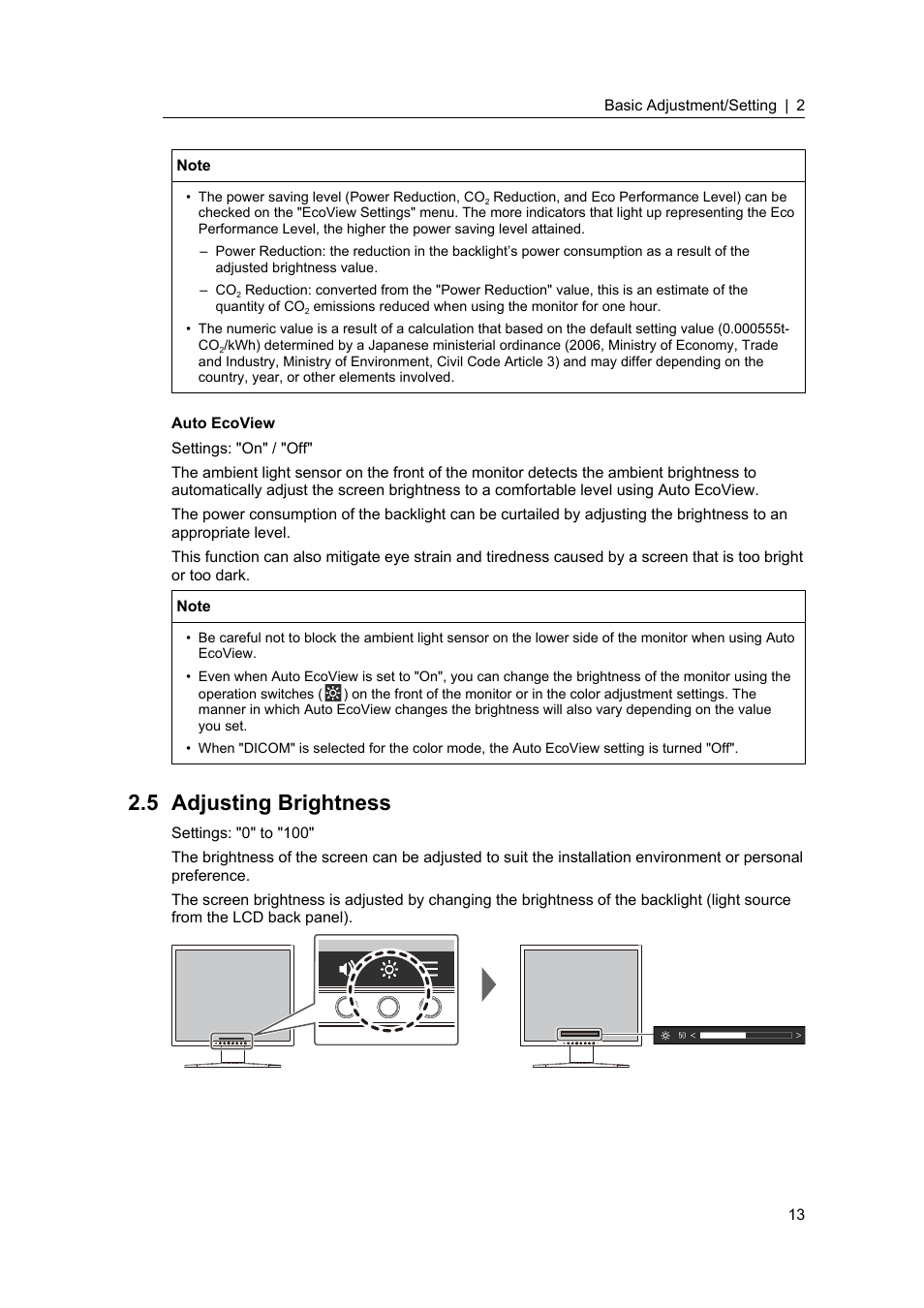 5 adjusting brightness, Adjusting brightness, Auto ecoview | Eizo FlexScan S1934 19" 5:4 Square IPS Monitor User Manual | Page 13 / 36