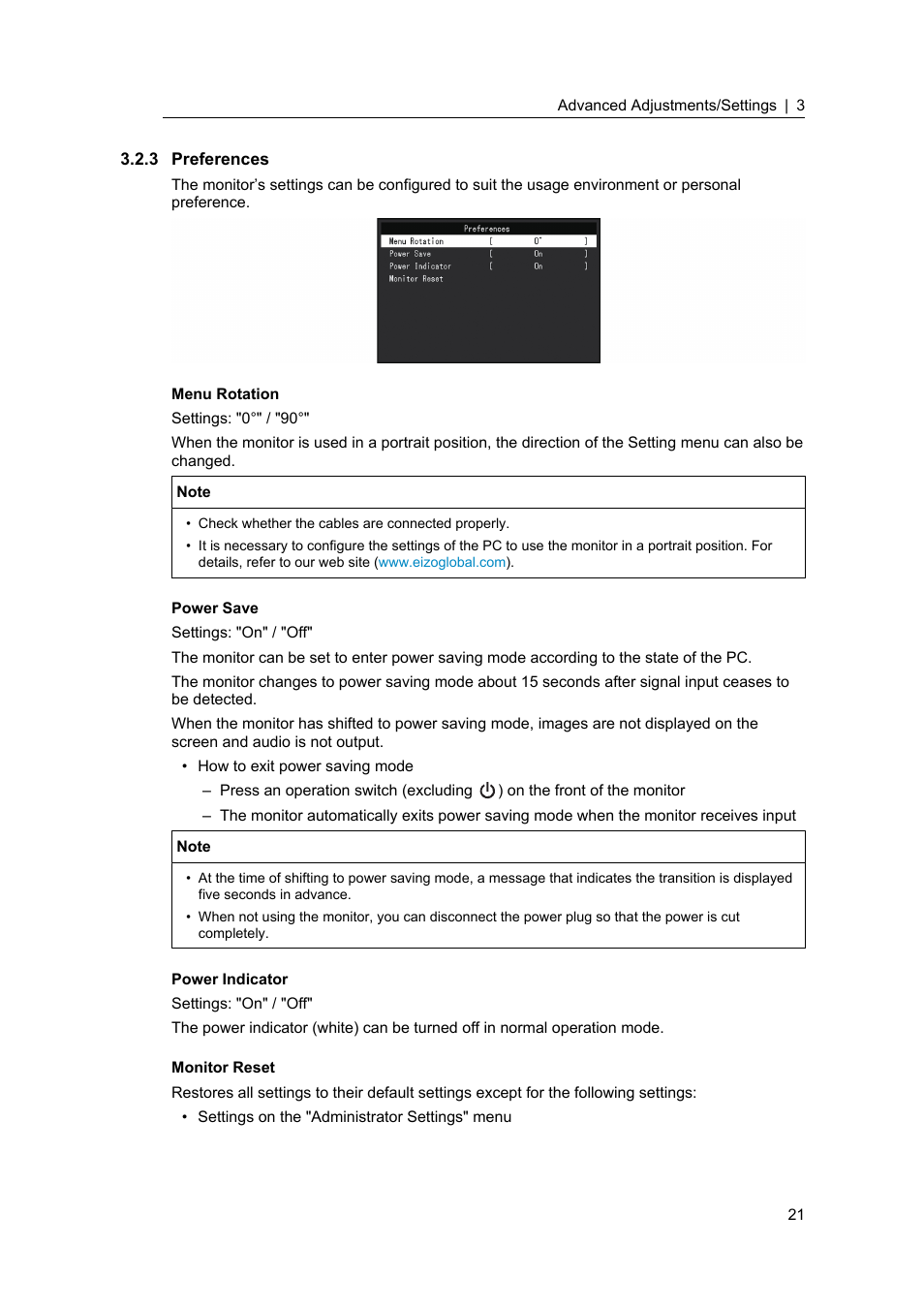 3 preferences, Preferences | Eizo FlexScan S1934 19" 5:4 Square IPS Monitor User Manual | Page 21 / 36