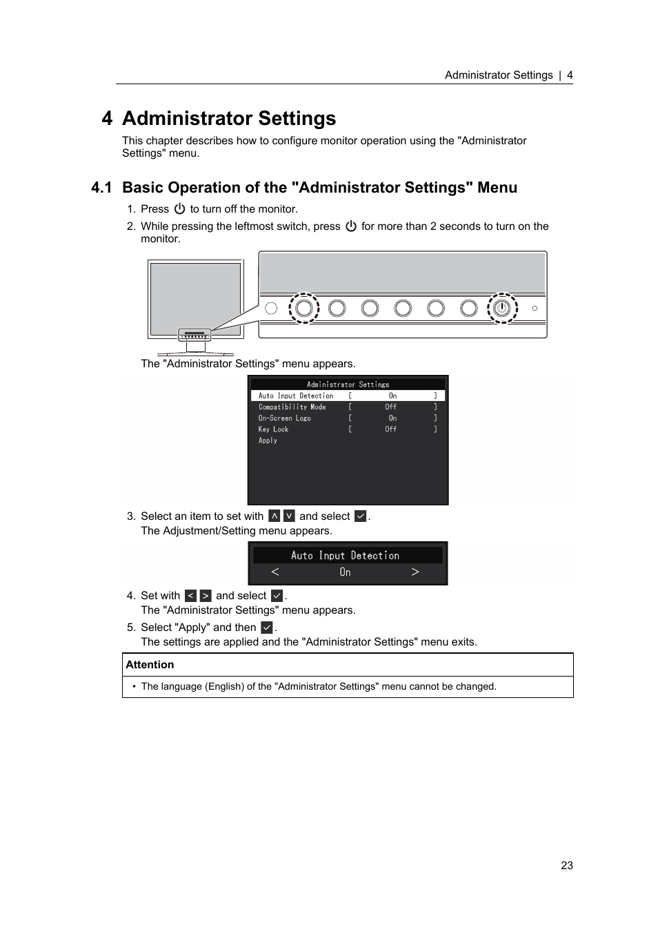 4 administrator settings | Eizo FlexScan S1934 19" 5:4 Square IPS Monitor User Manual | Page 23 / 36