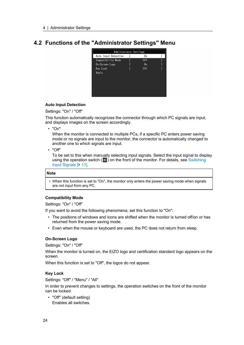2 functions of the "administrator settings" menu, Functions of the "administrator settings" menu | Eizo FlexScan S1934 19" 5:4 Square IPS Monitor User Manual | Page 24 / 36