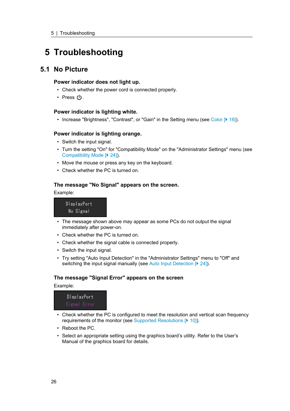 5 troubleshooting, 1 no picture, No picture | Eizo FlexScan S1934 19" 5:4 Square IPS Monitor User Manual | Page 26 / 36