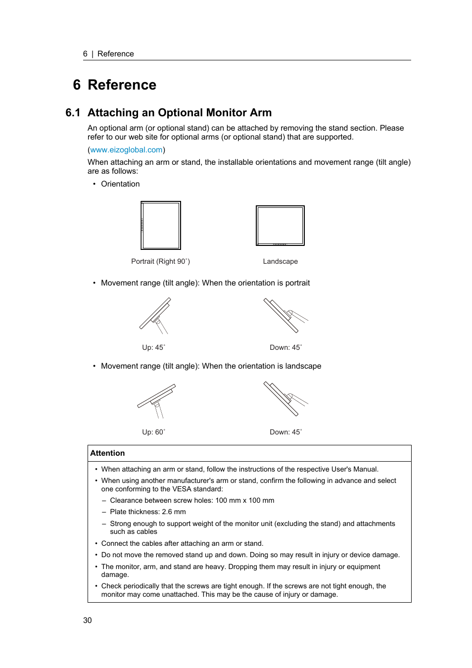 6 reference, 1 attaching an optional monitor arm, Attaching an optional monitor arm | Eizo FlexScan S1934 19" 5:4 Square IPS Monitor User Manual | Page 30 / 36