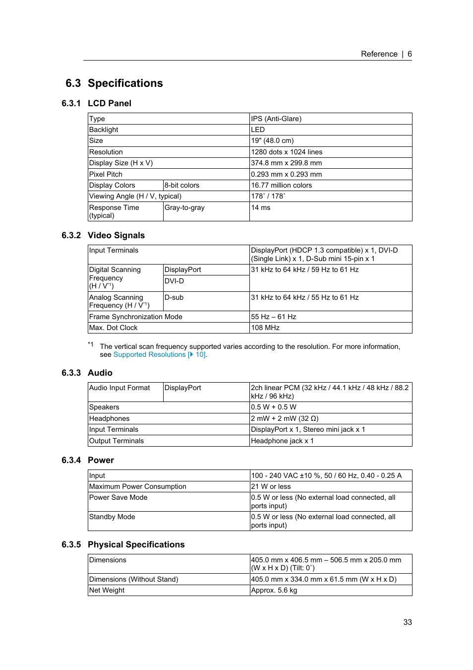 3 specifications, 1 lcd panel, 2 video signals | 3 audio, 4 power, 5 physical specifications, Specifications, Lcd panel, Video signals, Audio | Eizo FlexScan S1934 19" 5:4 Square IPS Monitor User Manual | Page 33 / 36