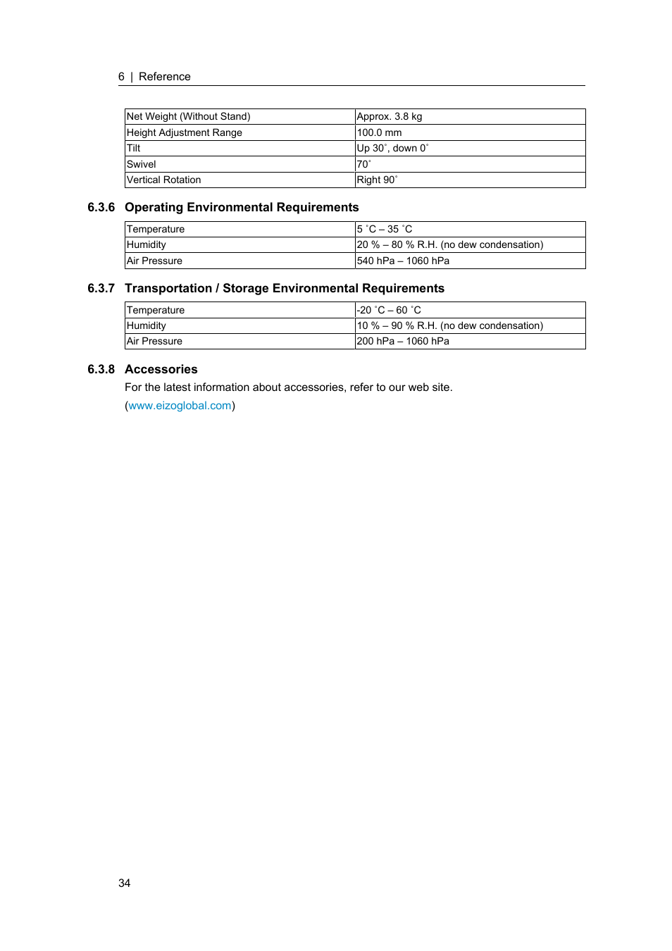 6 operating environmental requirements, 8 accessories, Operating environmental requirements | Accessories | Eizo FlexScan S1934 19" 5:4 Square IPS Monitor User Manual | Page 34 / 36