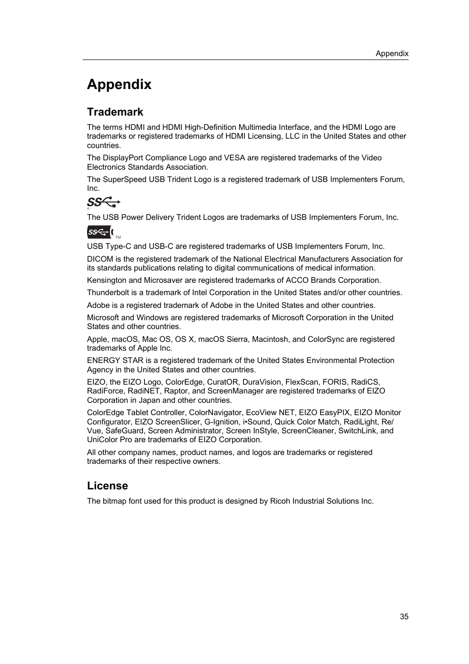 Appendix, Trademark, License | Eizo FlexScan S1934 19" 5:4 Square IPS Monitor User Manual | Page 35 / 36