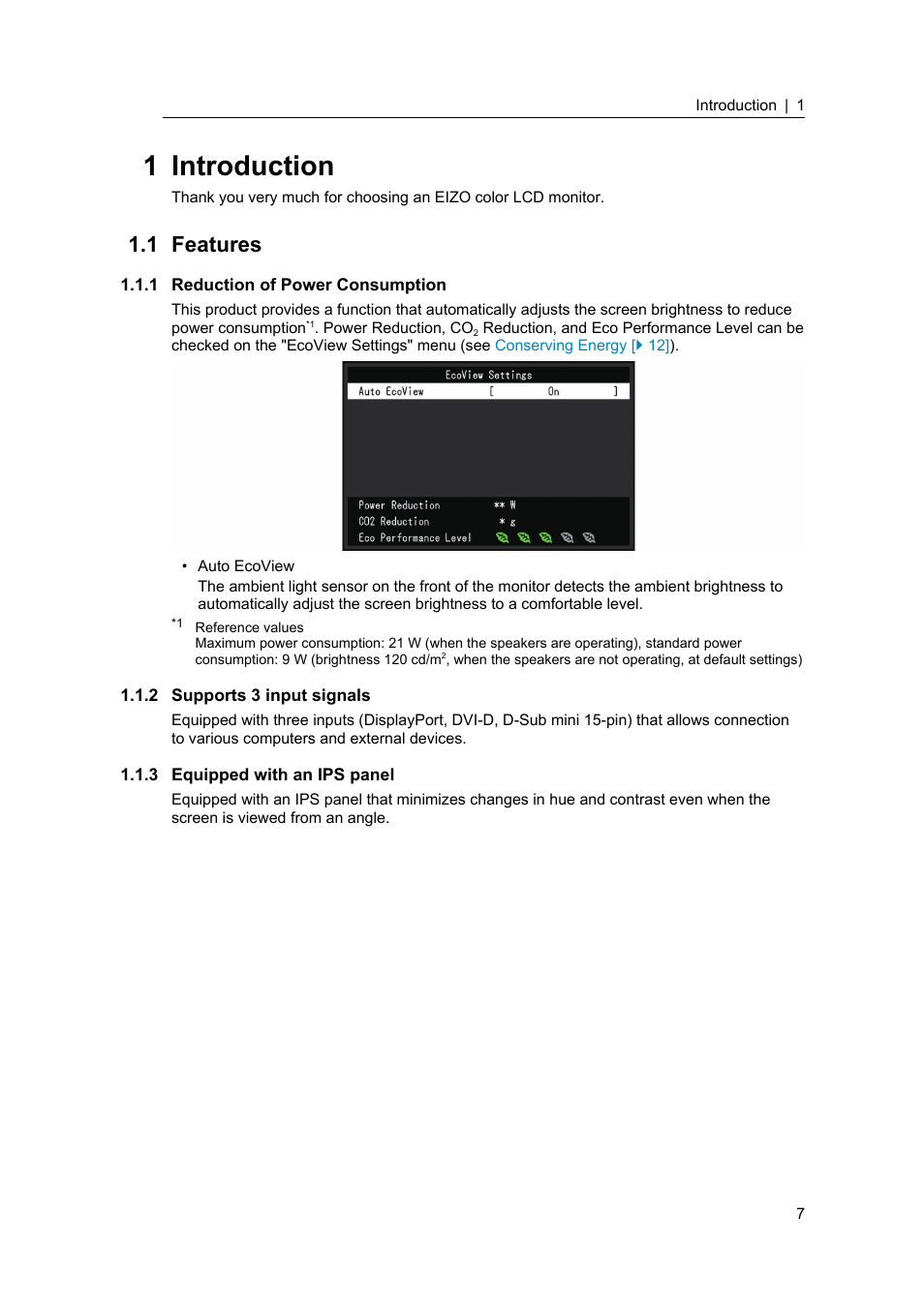 1 introduction, 1 features, 1 reduction of power consumption | 2 supports 3 input signals, 3 equipped with an ips panel, Features, Reduction of power consumption, Supports 3 input signals, Equipped with an ips panel | Eizo FlexScan S1934 19" 5:4 Square IPS Monitor User Manual | Page 7 / 36