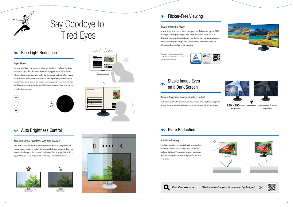 Say goodbye to tired eyes, Blue light reduction, Flicker-free viewing | Stable image even on a dark screen, Auto brightness control, Glare reduction | Eizo FlexScan EV3285 31.5" 16:9 IPS Monitor (Black) User Manual | Page 5 / 13