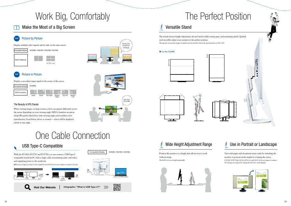 Work big, comfortably the perfect position, One cable connection, Usb type-c compatible | Picture by picture, Picture in picture, The beauty of ips panels, Visit our website | Eizo FlexScan EV3285 31.5" 16:9 IPS Monitor (Black) User Manual | Page 7 / 13