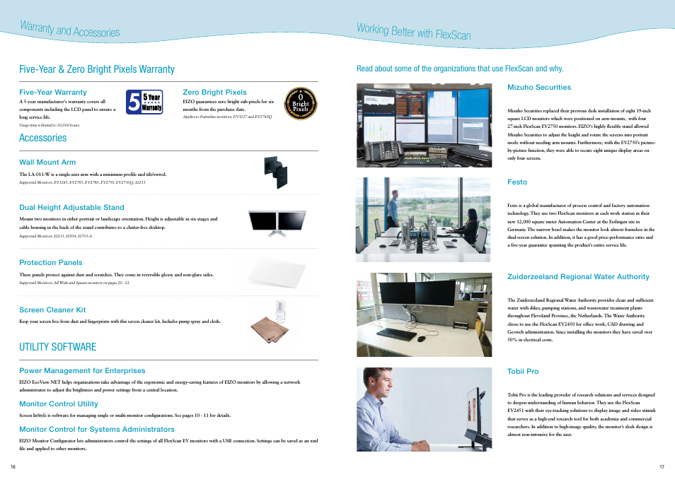 Working better with flexscan, Warranty and accessories, Utility software accessories | Five-year & zero bright pixels warranty | Eizo FlexScan EV3285 31.5" 16:9 IPS Monitor (Black) User Manual | Page 9 / 13