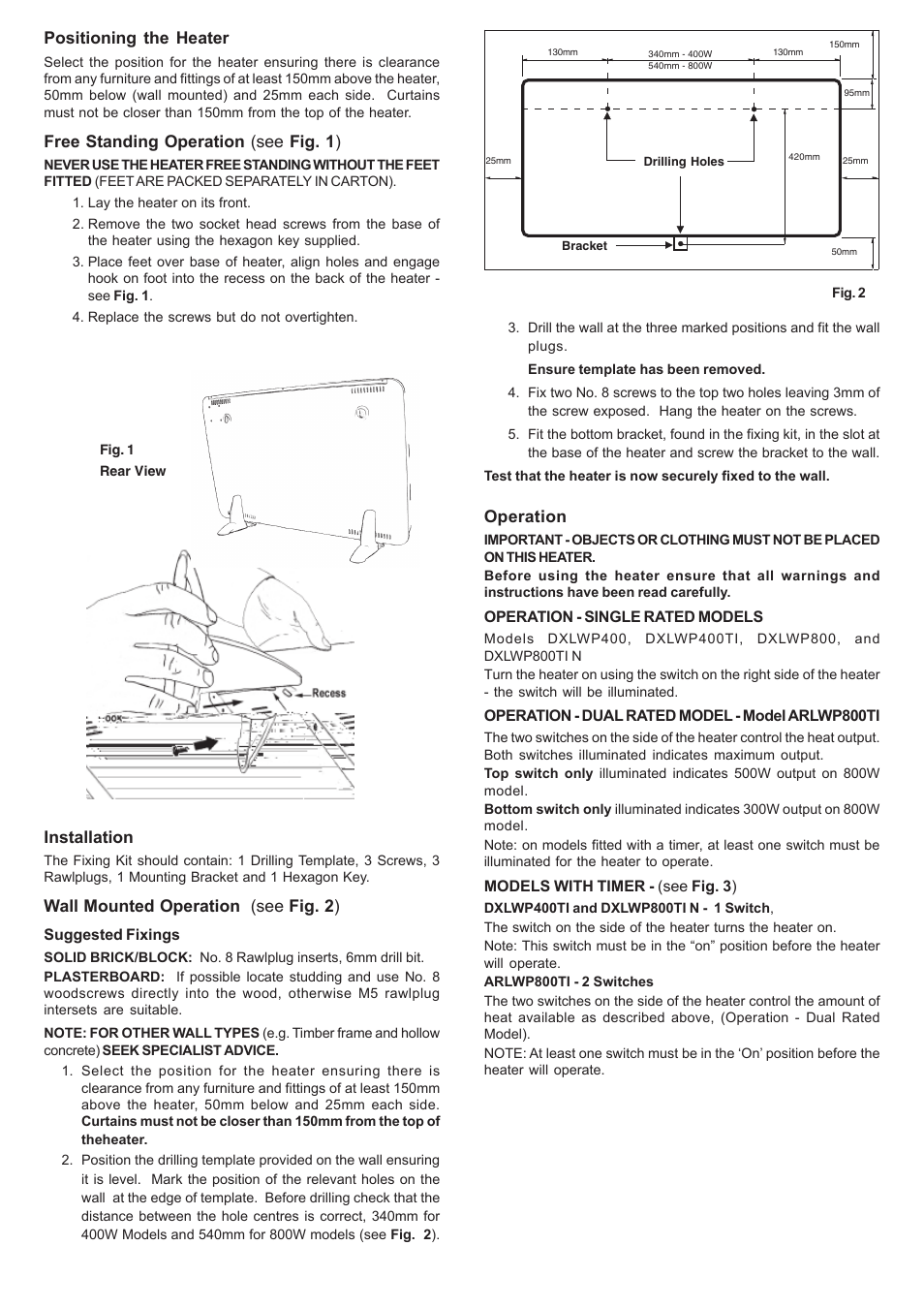 Installation, Wall mounted operation (see fig. 2 ), Positioning the heater | Free standing operation (see fig. 1 ), Operation | Dimplex DXLWP400TI User Manual | Page 2 / 4