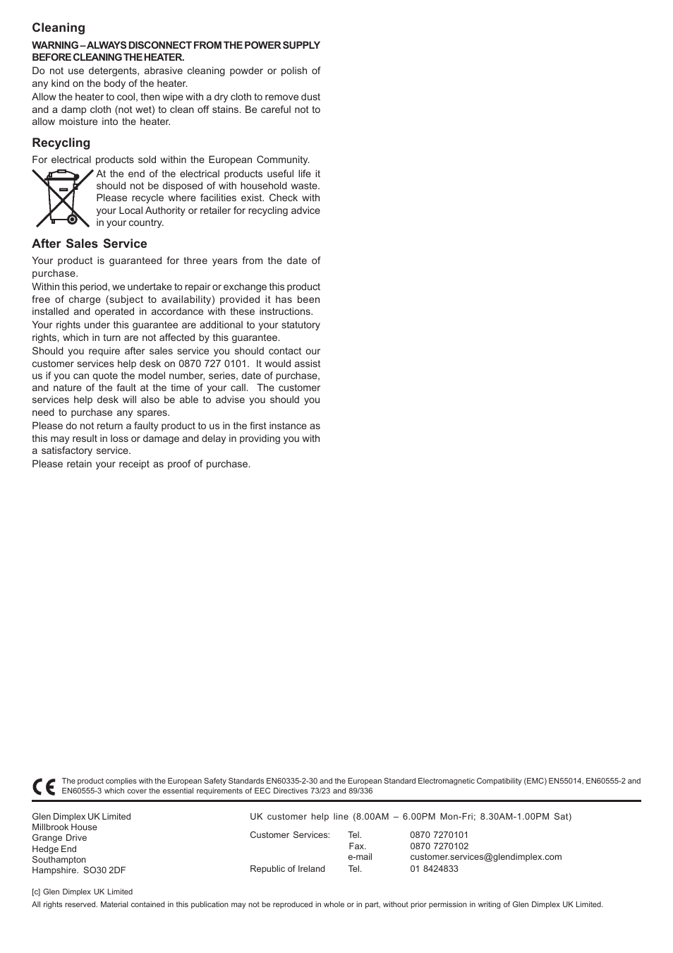 Cleaning, Recycling, After sales service | Dimplex DXLWP400TI User Manual | Page 4 / 4