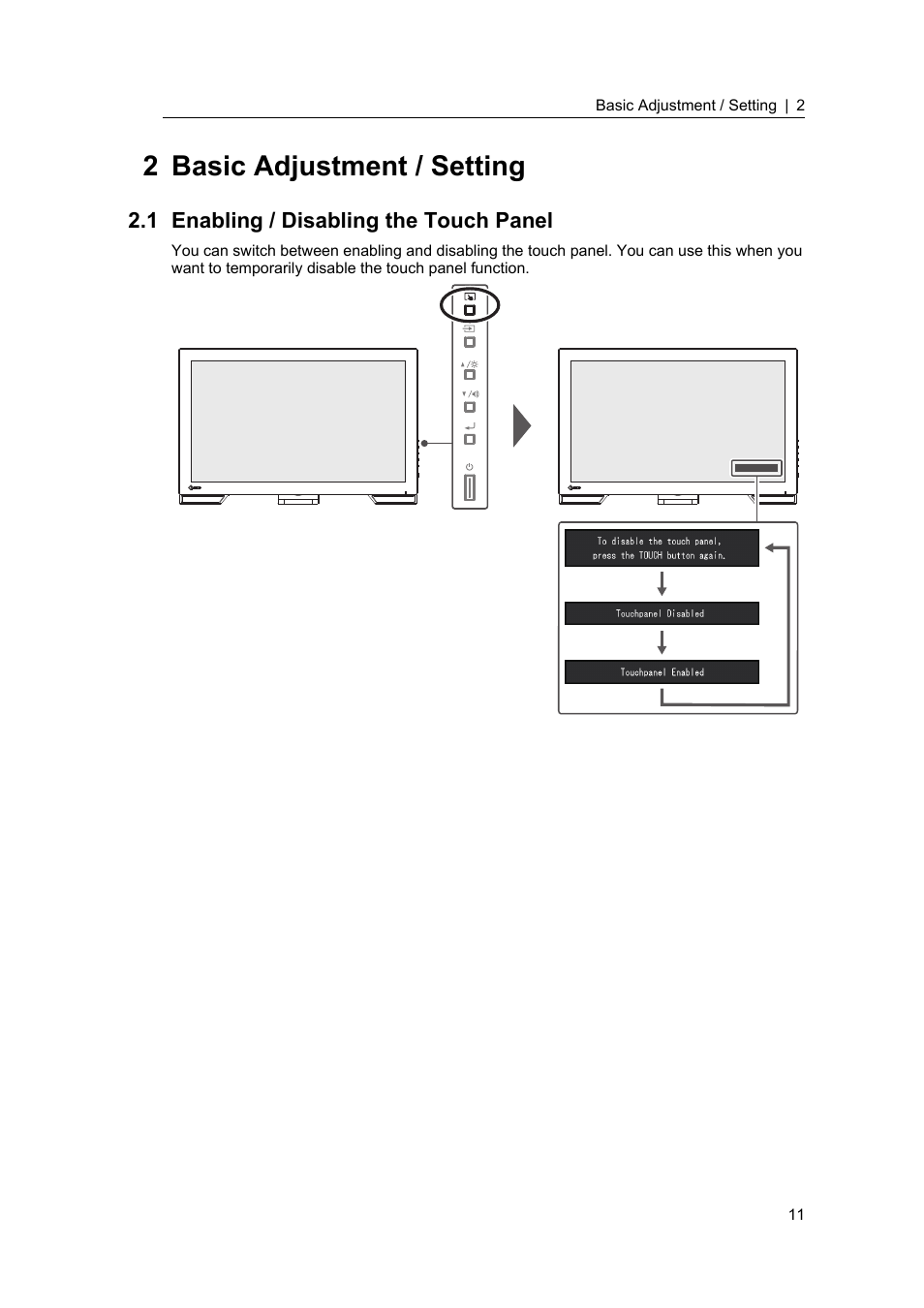 2 basic adjustment / setting, 1 enabling / disabling the touch panel, Enabling / disabling the touch panel | Eizo DuraVision FDF2382WT-A 23" Multi-Touch Display (Black) User Manual | Page 11 / 43