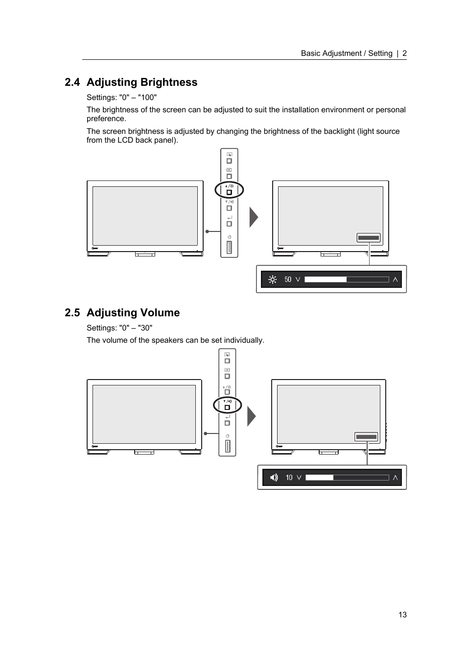 4 adjusting brightness, 5 adjusting volume, Adjusting brightness | Adjusting volume | Eizo DuraVision FDF2382WT-A 23" Multi-Touch Display (Black) User Manual | Page 13 / 43