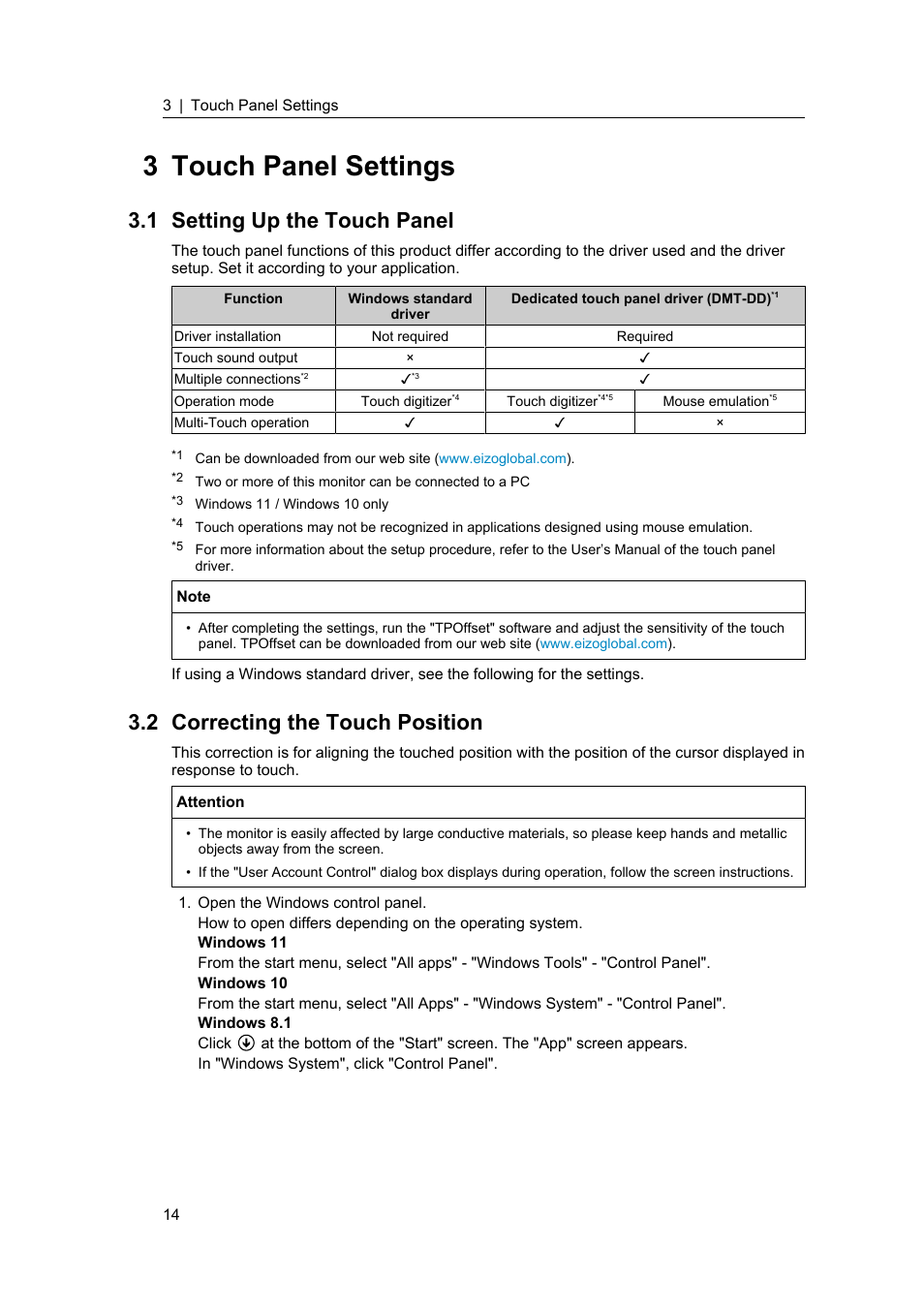 3 touch panel settings, 1 setting up the touch panel, 2 correcting the touch position | Setting up the touch panel, Correcting the touch position | Eizo DuraVision FDF2382WT-A 23" Multi-Touch Display (Black) User Manual | Page 14 / 43