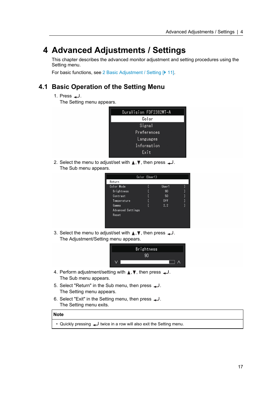 4 advanced adjustments / settings, 1 basic operation of the setting menu, Basic operation of the setting menu | Eizo DuraVision FDF2382WT-A 23" Multi-Touch Display (Black) User Manual | Page 17 / 43