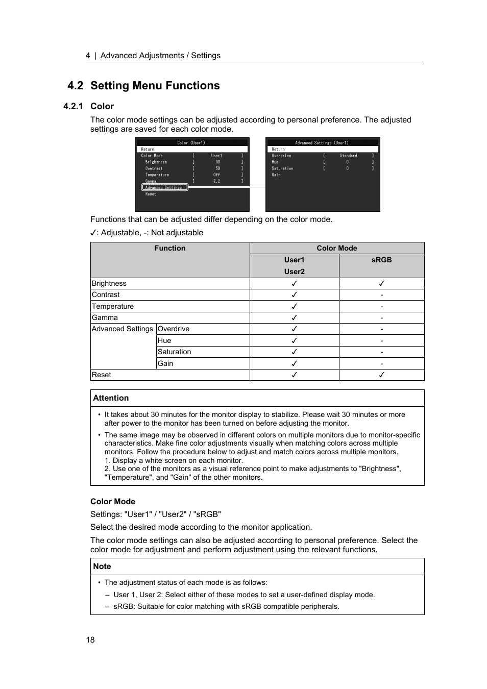 2 setting menu functions, 1 color, Setting menu functions | Color | Eizo DuraVision FDF2382WT-A 23" Multi-Touch Display (Black) User Manual | Page 18 / 43