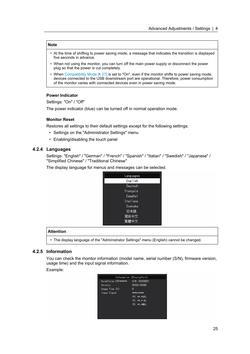 4 languages, 5 information, Languages | Information | Eizo DuraVision FDF2382WT-A 23" Multi-Touch Display (Black) User Manual | Page 25 / 43