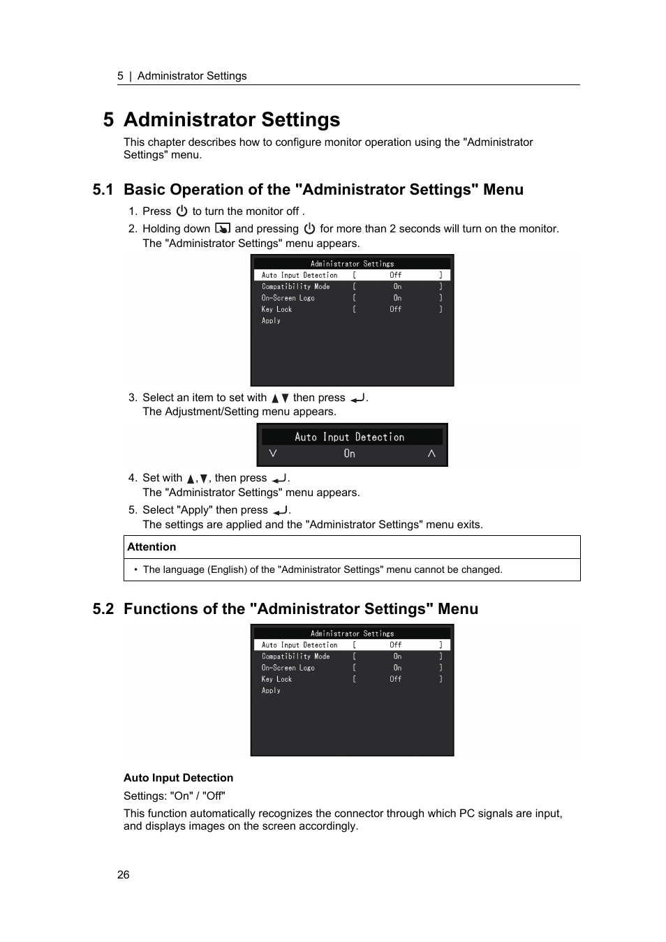 5 administrator settings, 2 functions of the "administrator settings" menu, Functions of the "administrator settings" menu | Eizo DuraVision FDF2382WT-A 23" Multi-Touch Display (Black) User Manual | Page 26 / 43