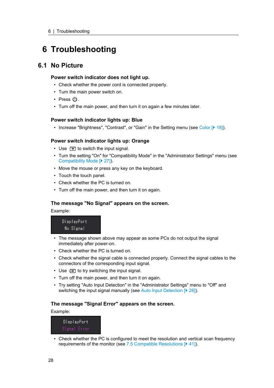 6 troubleshooting, 1 no picture, No picture | Eizo DuraVision FDF2382WT-A 23" Multi-Touch Display (Black) User Manual | Page 28 / 43