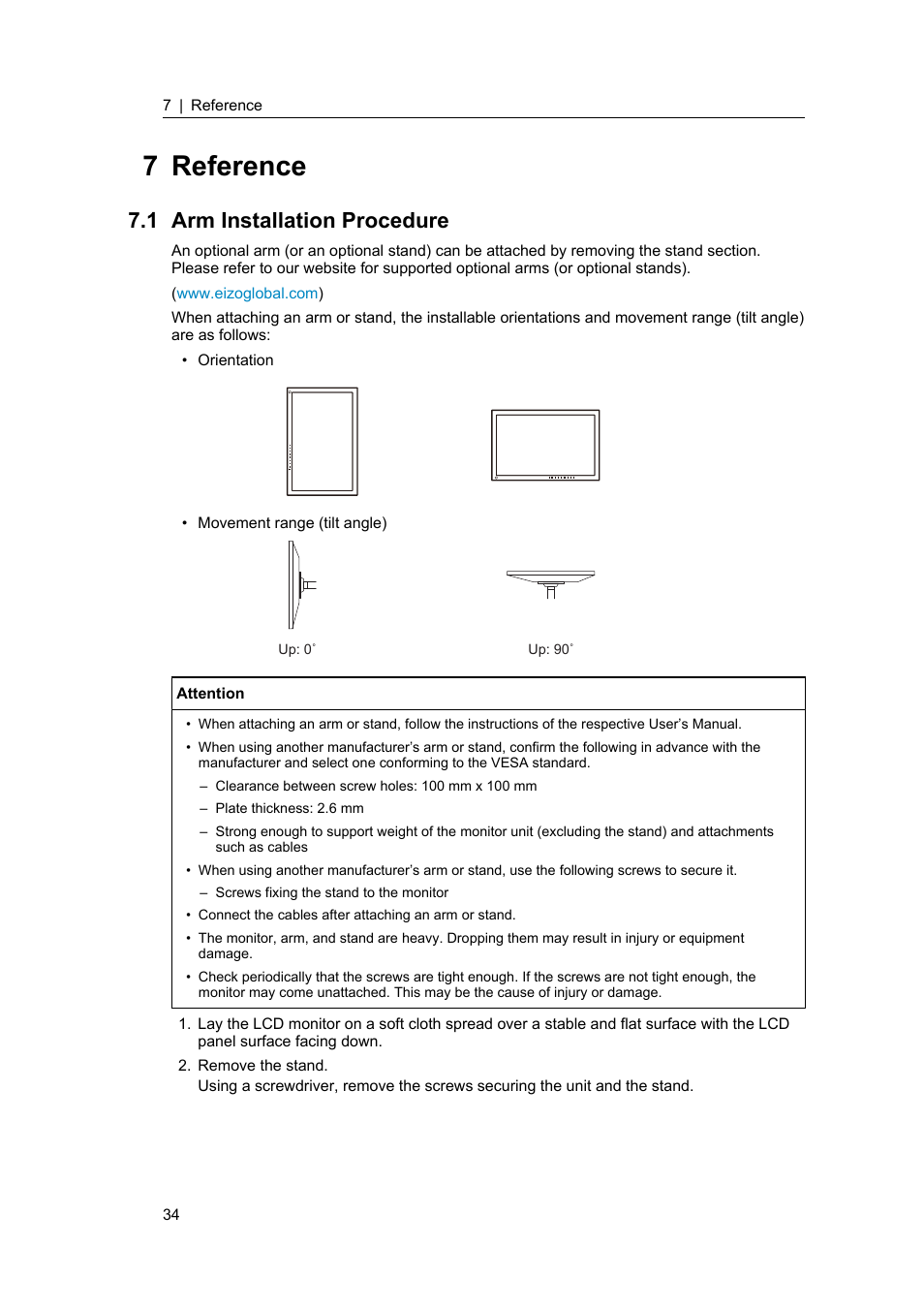 7 reference, 1 arm installation procedure, Arm installation procedure | Eizo DuraVision FDF2382WT-A 23" Multi-Touch Display (Black) User Manual | Page 34 / 43