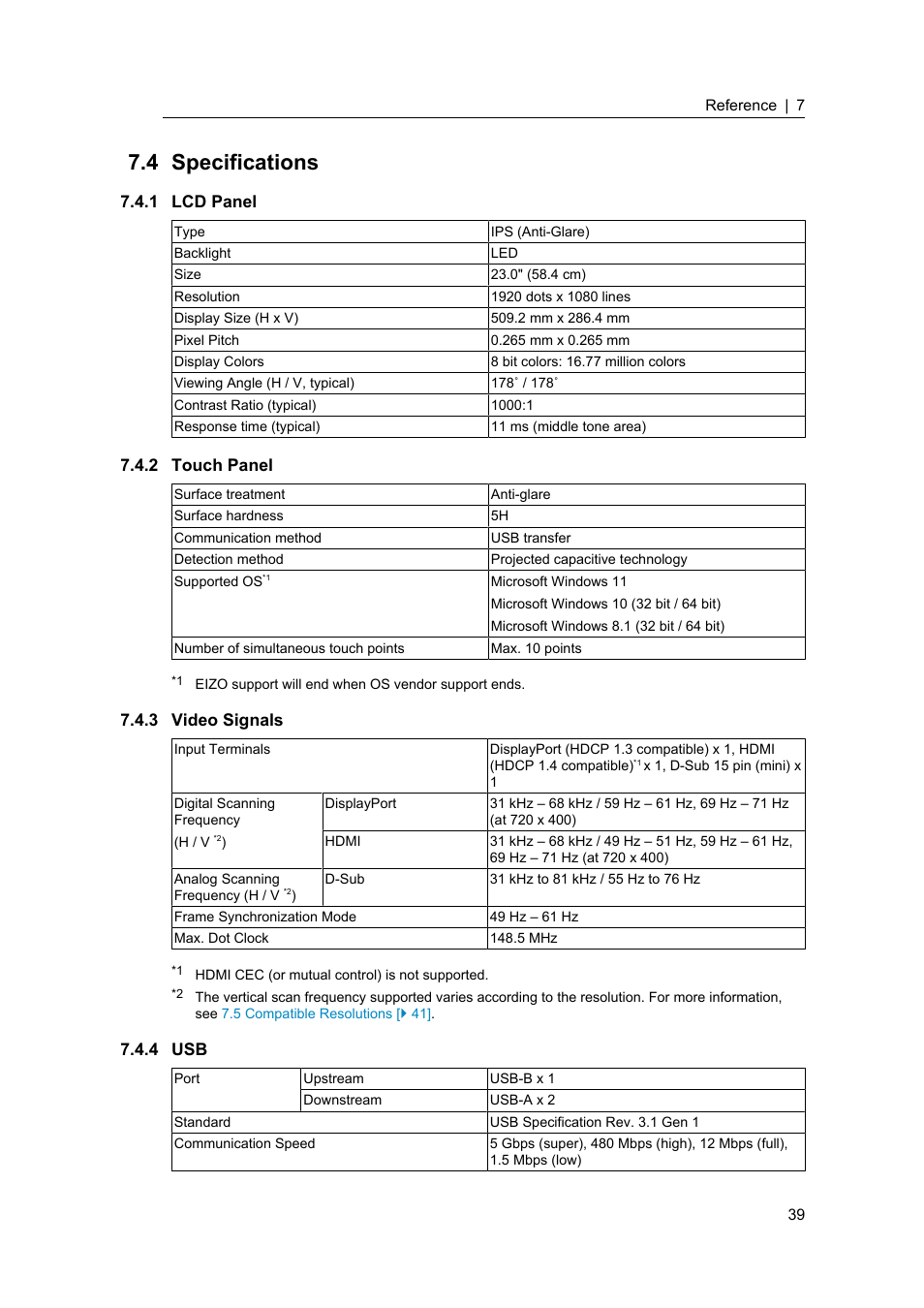4 specifications, 1 lcd panel, 2 touch panel | 3 video signals, 4 usb, Specifications, Lcd panel, Touch panel, Video signals | Eizo DuraVision FDF2382WT-A 23" Multi-Touch Display (Black) User Manual | Page 39 / 43