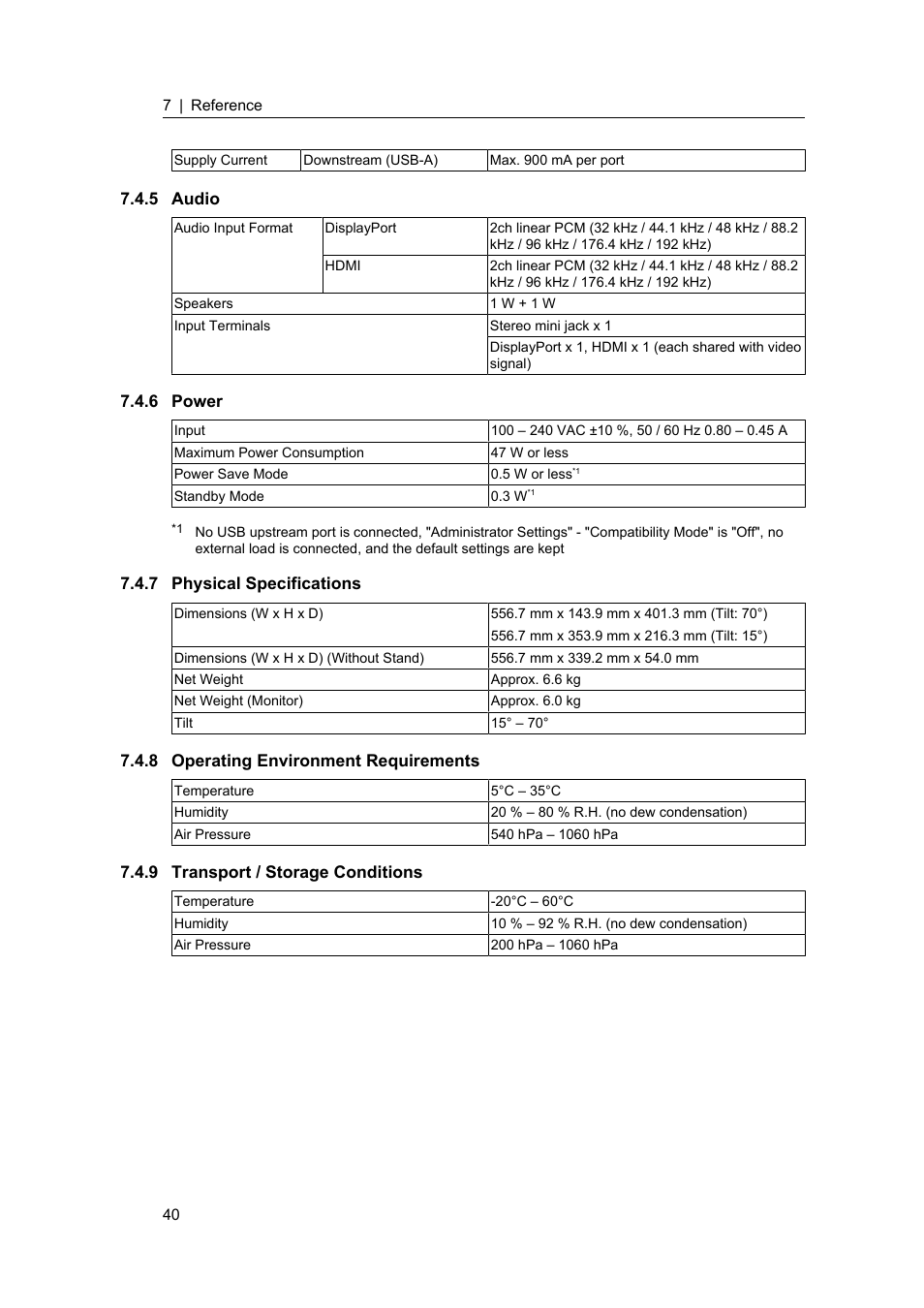 5 audio, 6 power, 7 physical specifications | 8 operating environment requirements, 9 transport / storage conditions, Audio, Power, Physical specifications, Operating environment requirements, Transport / storage conditions | Eizo DuraVision FDF2382WT-A 23" Multi-Touch Display (Black) User Manual | Page 40 / 43