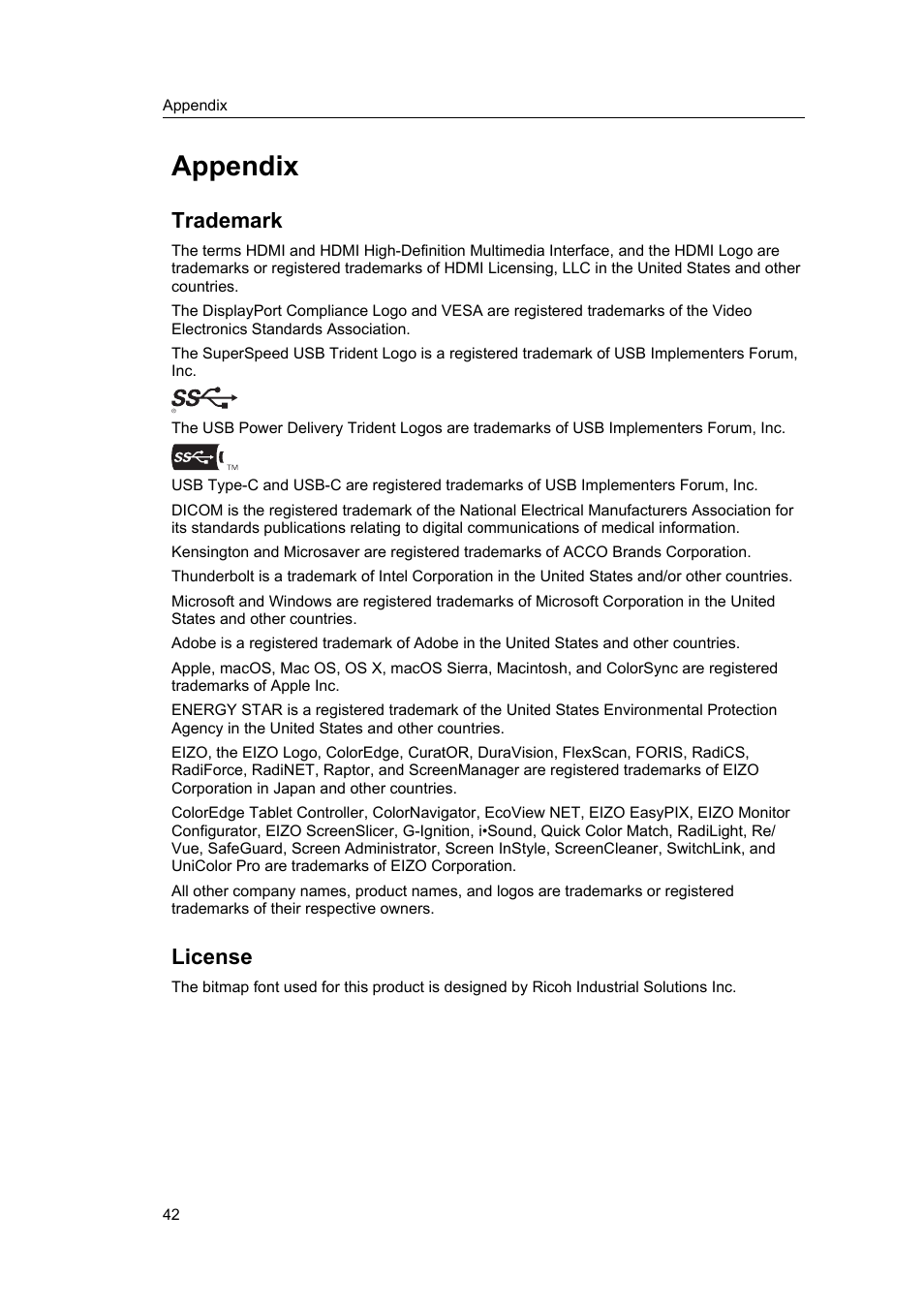 Appendix, Trademark, License | Eizo DuraVision FDF2382WT-A 23" Multi-Touch Display (Black) User Manual | Page 42 / 43