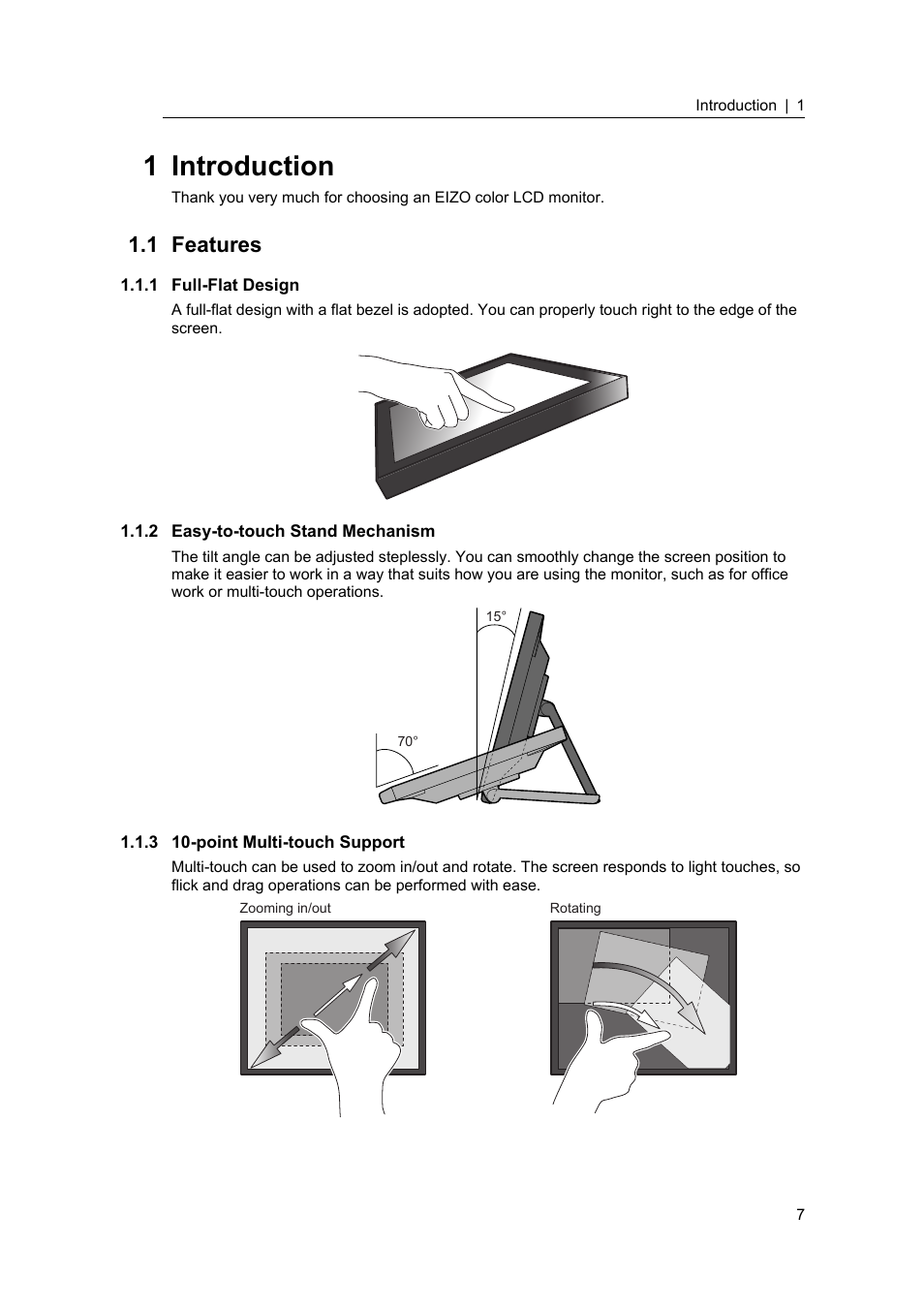 1 introduction, 1 features, 1 full-flat design | 2 easy-to-touch stand mechanism, 3 10-point multi-touch support, Features, Full-flat design, Easy-to-touch stand mechanism, Point multi-touch support | Eizo DuraVision FDF2382WT-A 23" Multi-Touch Display (Black) User Manual | Page 7 / 43