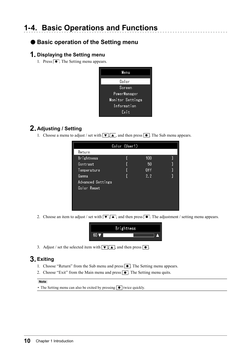 4. basic operations and functions, Basic operation of the setting menu, Basic﻿operation﻿of﻿the﻿setting﻿menu | Eizo Flexscan S2133 21.3" 4:3 IPS Monitor User Manual | Page 10 / 62