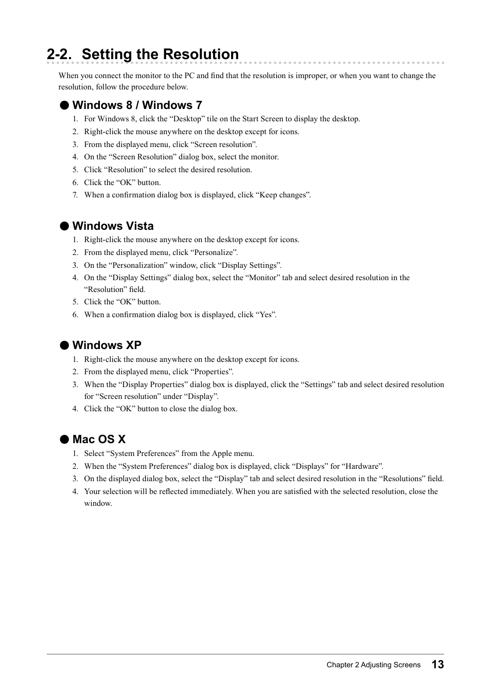 2. setting the resolution, Windows 8 / windows 7, Windows vista | Windows xp, Mac os x, Windows﻿8﻿/﻿windows﻿7, Windows﻿vista, Windows﻿xp, Mac﻿os﻿x | Eizo Flexscan S2133 21.3" 4:3 IPS Monitor User Manual | Page 13 / 62