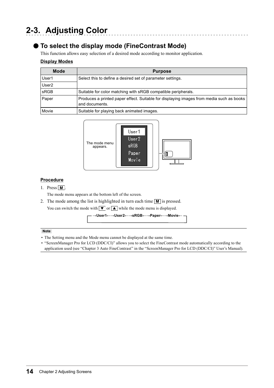3. adjusting color, To select the display mode (finecontrast mode), To﻿select﻿the﻿display﻿mode﻿ (finecontrast﻿mode) | Eizo Flexscan S2133 21.3" 4:3 IPS Monitor User Manual | Page 14 / 62
