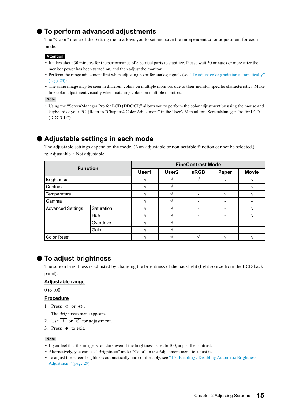 To perform advanced adjustments, Adjustable settings in each mode, To adjust brightness | To﻿perform﻿advanced﻿adjustments, Adjustable﻿settings﻿in﻿each﻿mode, To﻿adjust﻿brightness | Eizo Flexscan S2133 21.3" 4:3 IPS Monitor User Manual | Page 15 / 62