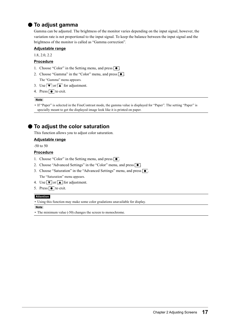 To adjust gamma, To adjust the color saturation, To﻿adjust﻿gamma | To﻿adjust﻿the﻿color﻿saturation | Eizo Flexscan S2133 21.3" 4:3 IPS Monitor User Manual | Page 17 / 62