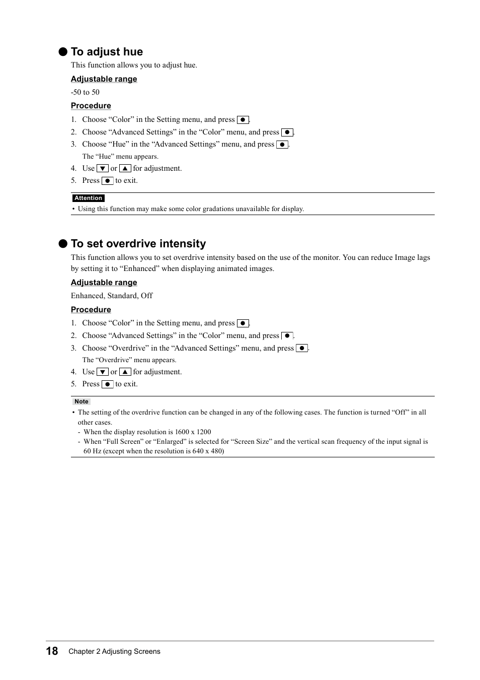 To adjust hue, To set overdrive intensity, To﻿adjust﻿hue | To﻿set﻿overdrive﻿intensity | Eizo Flexscan S2133 21.3" 4:3 IPS Monitor User Manual | Page 18 / 62