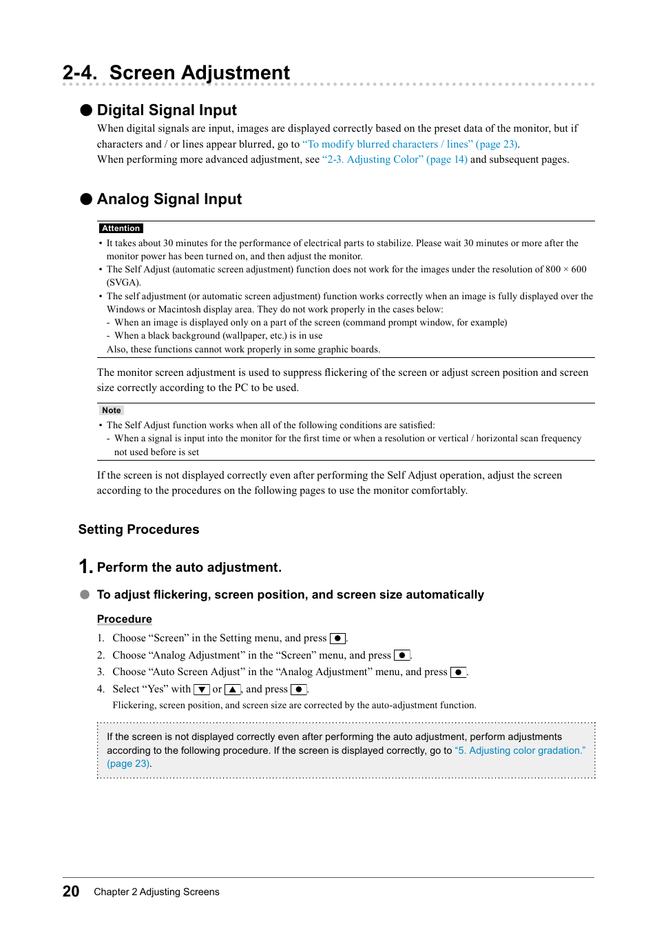 4. screen adjustment, Digital signal input, Analog signal input | Digital﻿signal﻿input, Analog﻿signal﻿input | Eizo Flexscan S2133 21.3" 4:3 IPS Monitor User Manual | Page 20 / 62