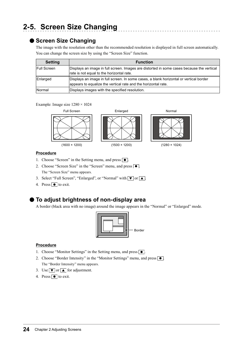 5. screen size changing, Screen size changing, To adjust brightness of non-display area | Screen﻿size﻿changing, To﻿adjust﻿brightness﻿of﻿non-display﻿area | Eizo Flexscan S2133 21.3" 4:3 IPS Monitor User Manual | Page 24 / 62