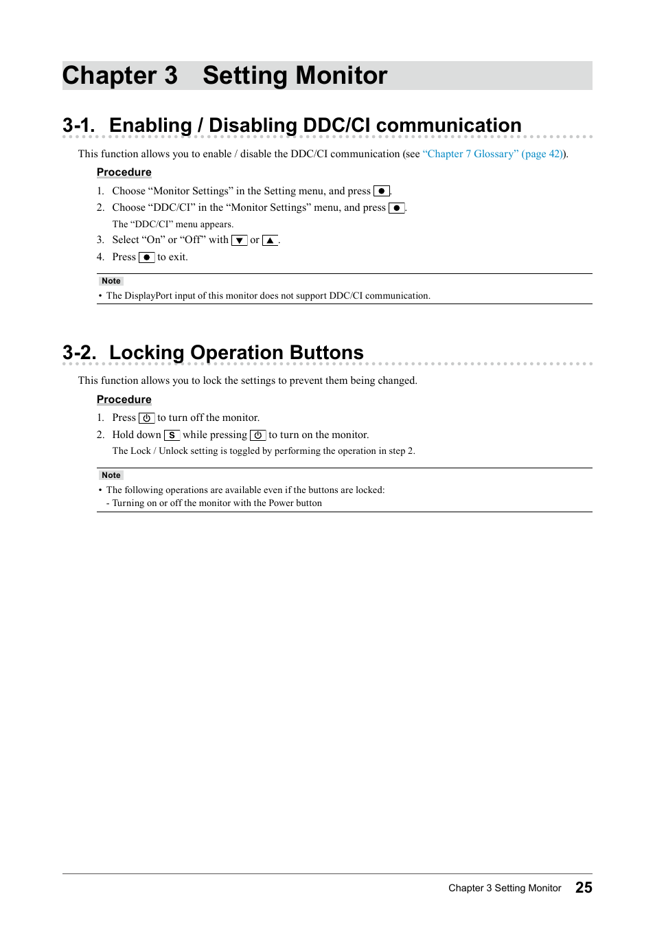 Chapter 3 setting monitor, 1. enabling / disabling ddc/ci communication, 2. locking operation buttons | 1. enabling / disabling ddc/ci, Communication | Eizo Flexscan S2133 21.3" 4:3 IPS Monitor User Manual | Page 25 / 62