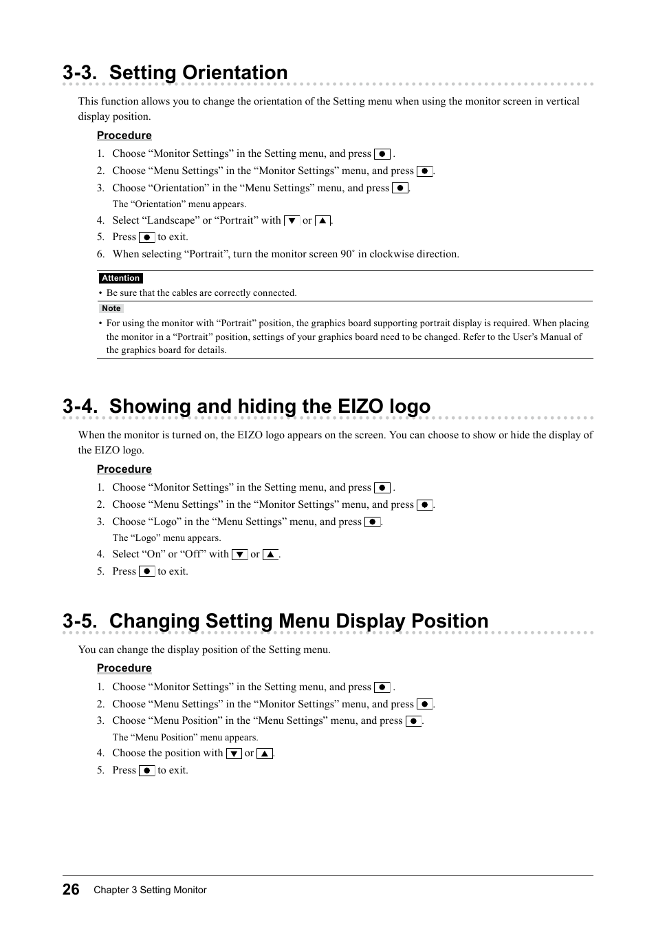 3. setting orientation, 4. showing and hiding the eizo logo, 5. changing setting menu display position | Eizo Flexscan S2133 21.3" 4:3 IPS Monitor User Manual | Page 26 / 62