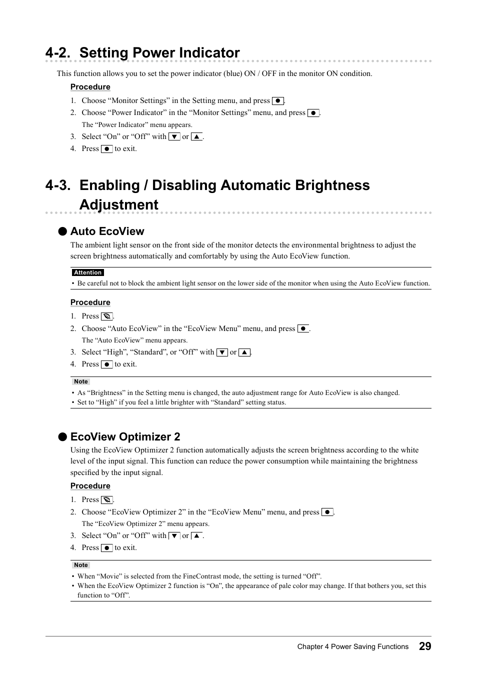 2. setting power indicator, Auto ecoview, Ecoview optimizer 2 | Brightness adjustment, Auto﻿ecoview, Ecoview﻿optimizer﻿2, 3. enabling / disabling automatic brightness | Eizo Flexscan S2133 21.3" 4:3 IPS Monitor User Manual | Page 29 / 62