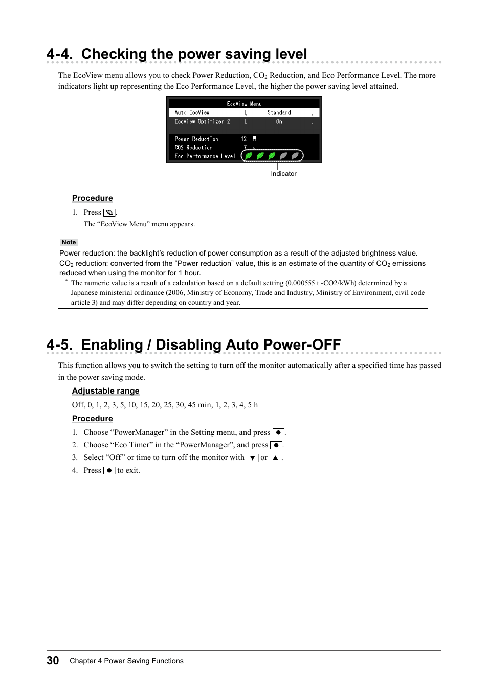 4. checking the power saving level, 5. enabling / disabling auto power-off | Eizo Flexscan S2133 21.3" 4:3 IPS Monitor User Manual | Page 30 / 62