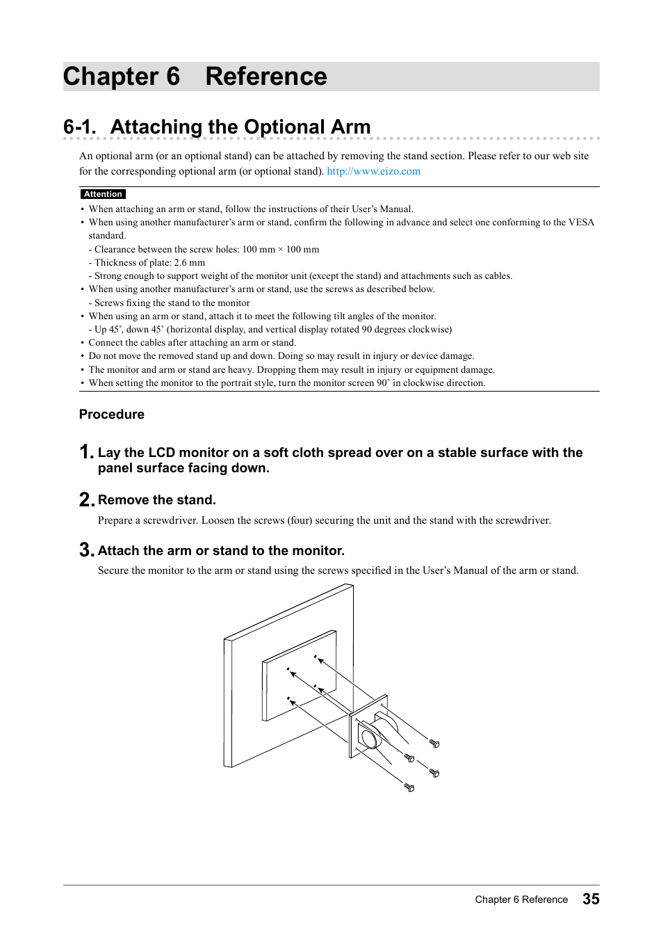 Chapter 6 reference, 1. attaching the optional arm | Eizo Flexscan S2133 21.3" 4:3 IPS Monitor User Manual | Page 35 / 62
