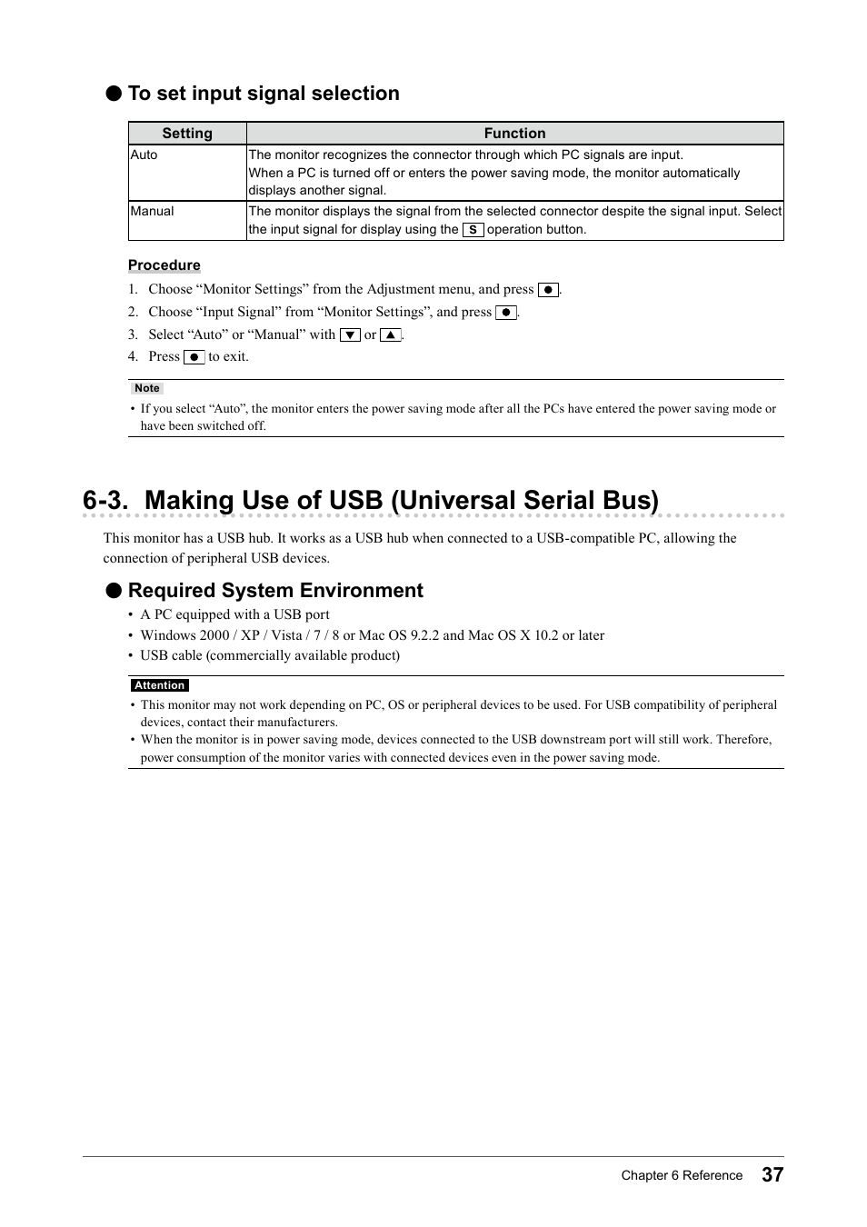 To set input signal selection, 3. making use of usb (universal serial bus), Required system environment | To﻿set﻿input﻿signal﻿selection, 3. making use of usb (universal serial, Bus), Required﻿system﻿environment | Eizo Flexscan S2133 21.3" 4:3 IPS Monitor User Manual | Page 37 / 62