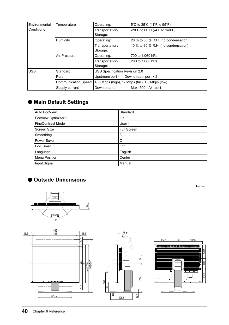 Main default settings, Outside dimensions, Main﻿default﻿settings | Outside﻿dimensions | Eizo Flexscan S2133 21.3" 4:3 IPS Monitor User Manual | Page 40 / 62