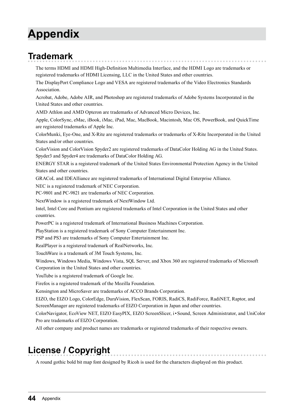 Appendix, Trademark, License / copyright | Trademark license / copyright | Eizo Flexscan S2133 21.3" 4:3 IPS Monitor User Manual | Page 44 / 62