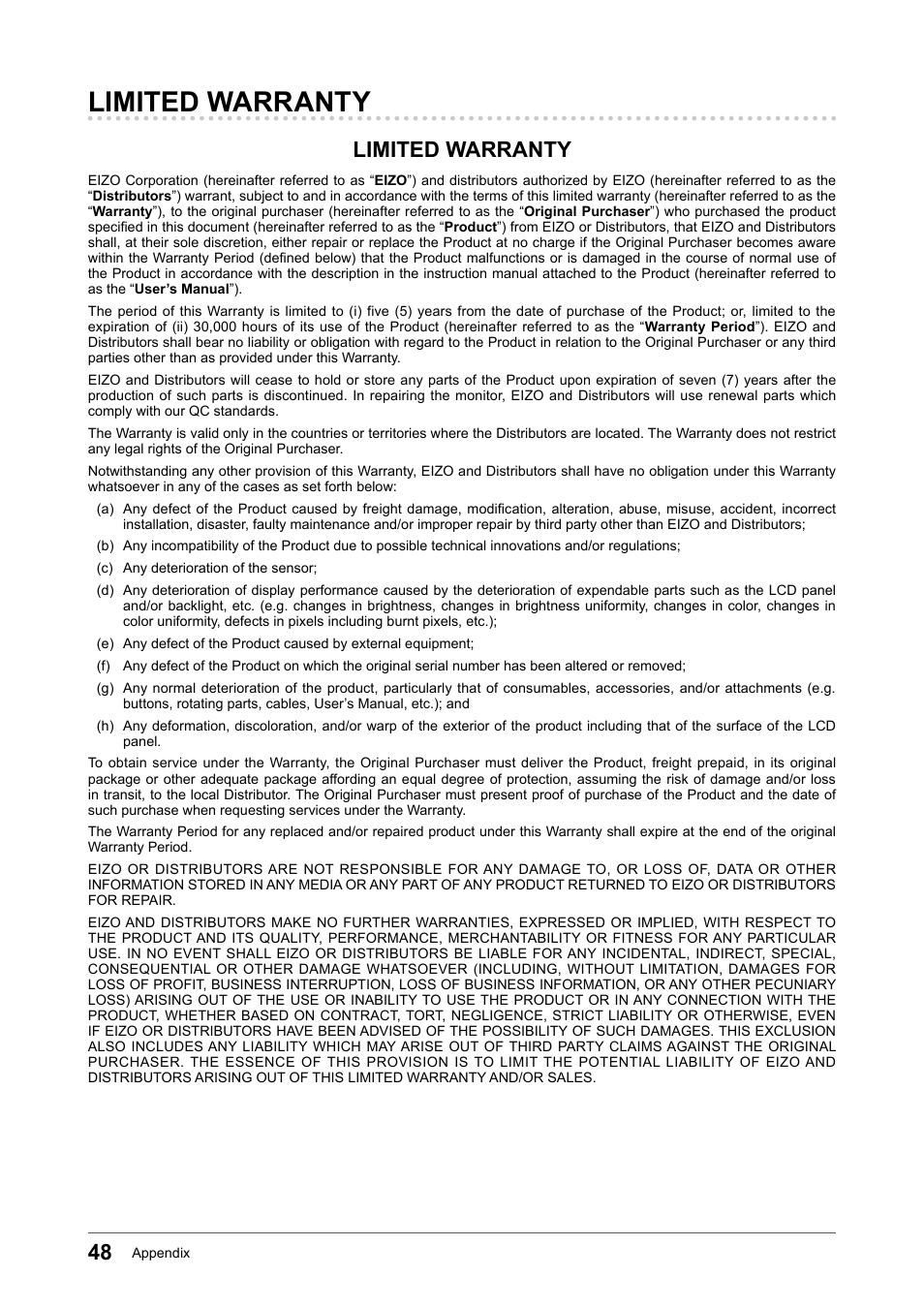 Limited warranty | Eizo Flexscan S2133 21.3" 4:3 IPS Monitor User Manual | Page 48 / 62