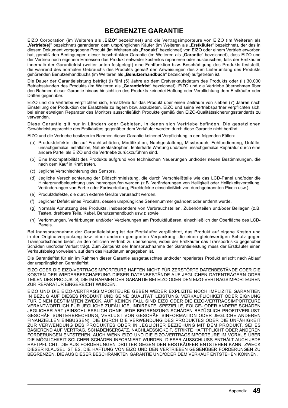 Begrenzte garantie | Eizo Flexscan S2133 21.3" 4:3 IPS Monitor User Manual | Page 49 / 62