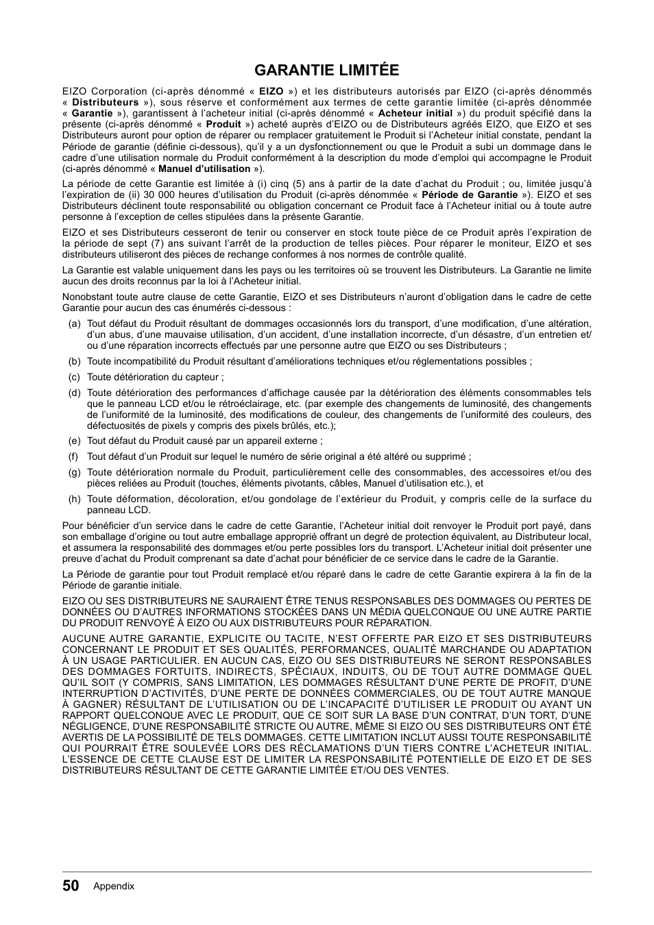 Garantie limitée | Eizo Flexscan S2133 21.3" 4:3 IPS Monitor User Manual | Page 50 / 62