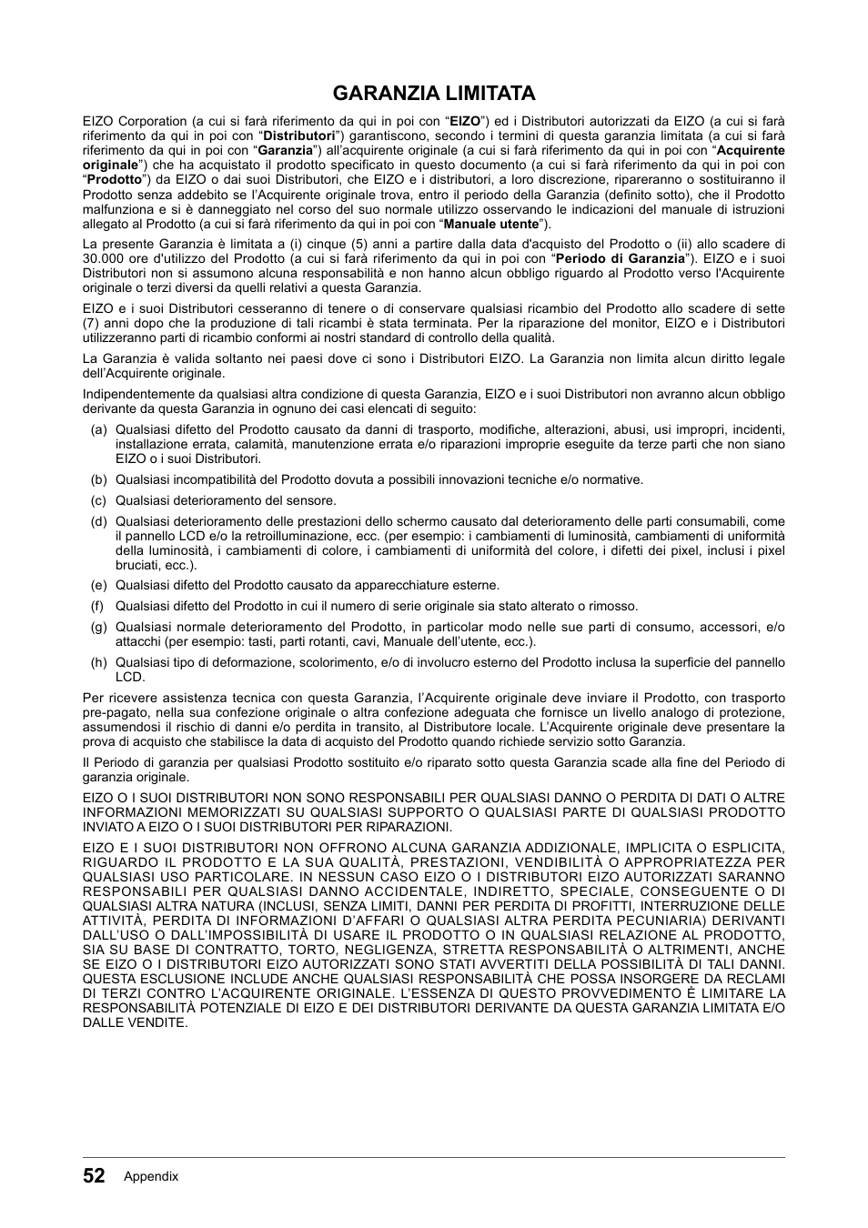 Garanzia limitata | Eizo Flexscan S2133 21.3" 4:3 IPS Monitor User Manual | Page 52 / 62